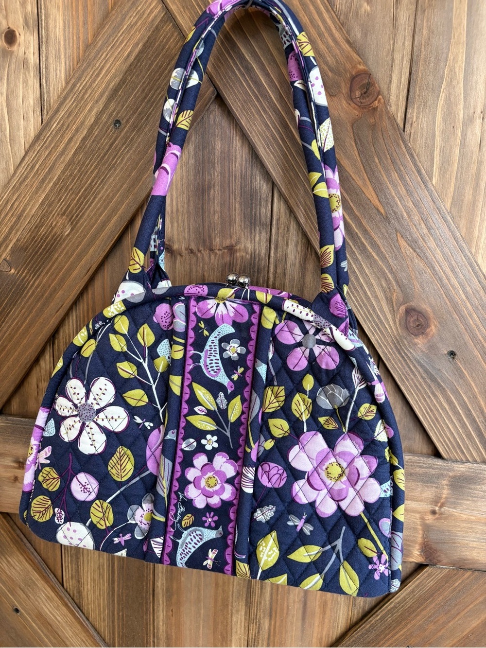 Vera Bradley Quilted Navy Floral Kiss n Lock Shoulder Bag